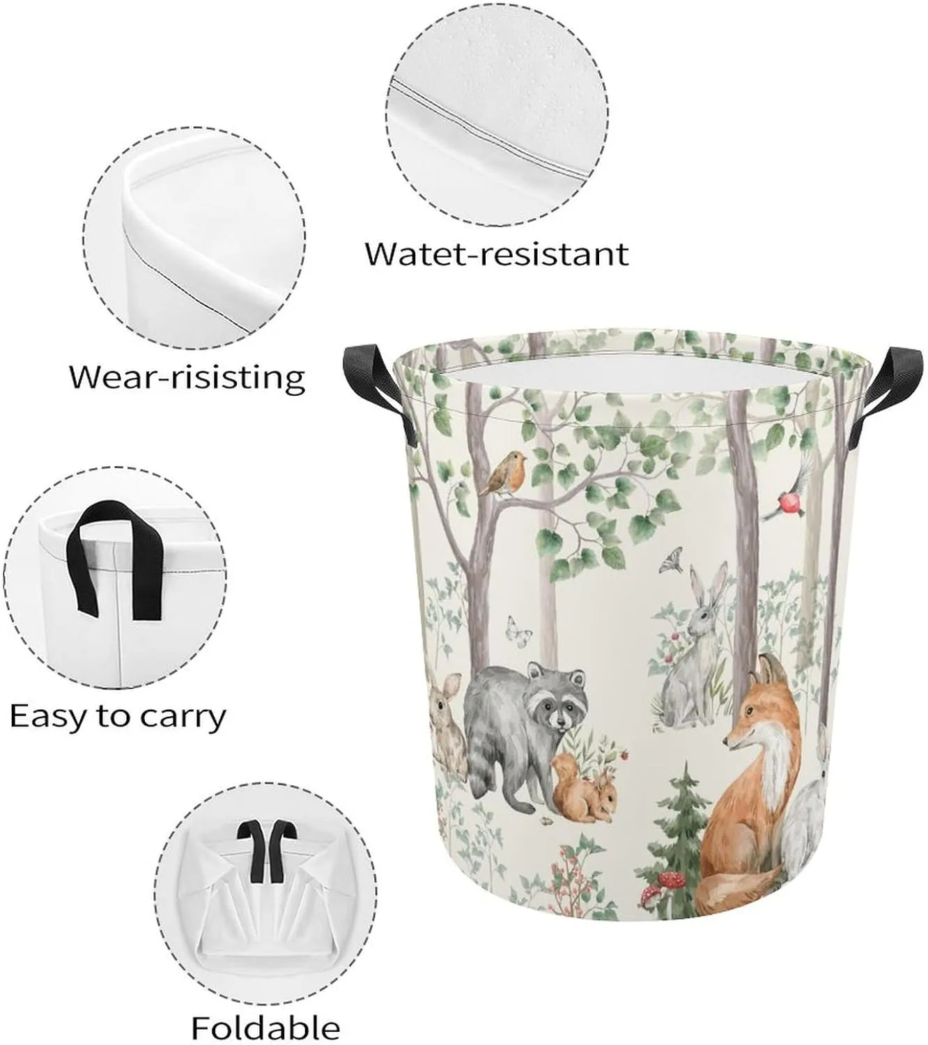 Woodland Animals Laundry Basket,Collapsible Clothes Hamper Waterproof Forest Fox Bear Deer Storage Basket with Handle Kids Room Jungle Deer Laundry Hamper with Drawstring