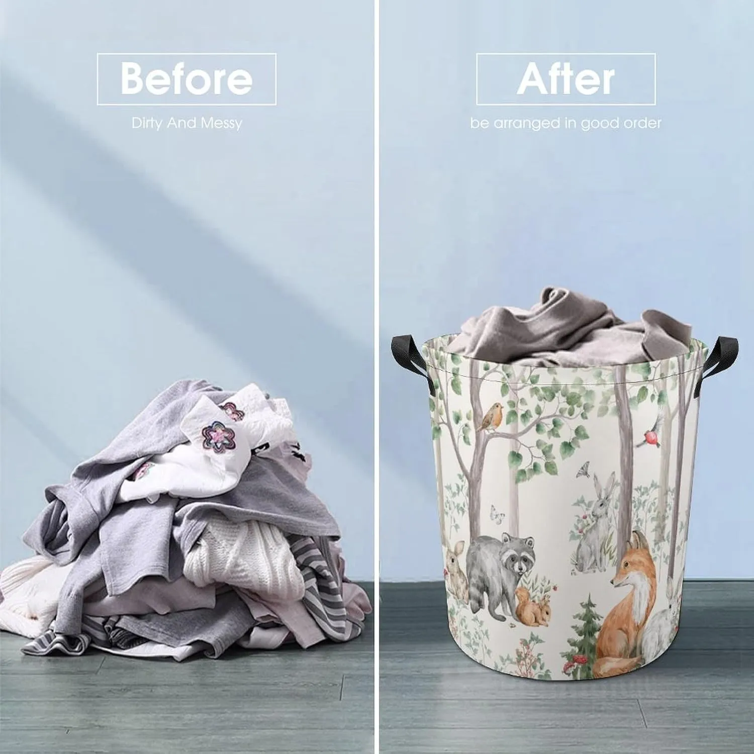 Woodland Animals Laundry Basket,Collapsible Clothes Hamper Waterproof Forest Fox Bear Deer Storage Basket with Handle Kids Room Jungle Deer Laundry Hamper with Drawstring