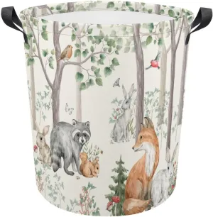 Woodland Animals Laundry Basket,Collapsible Clothes Hamper Waterproof Forest Fox Bear Deer Storage Basket with Handle Kids Room Jungle Deer Laundry Hamper with Drawstring