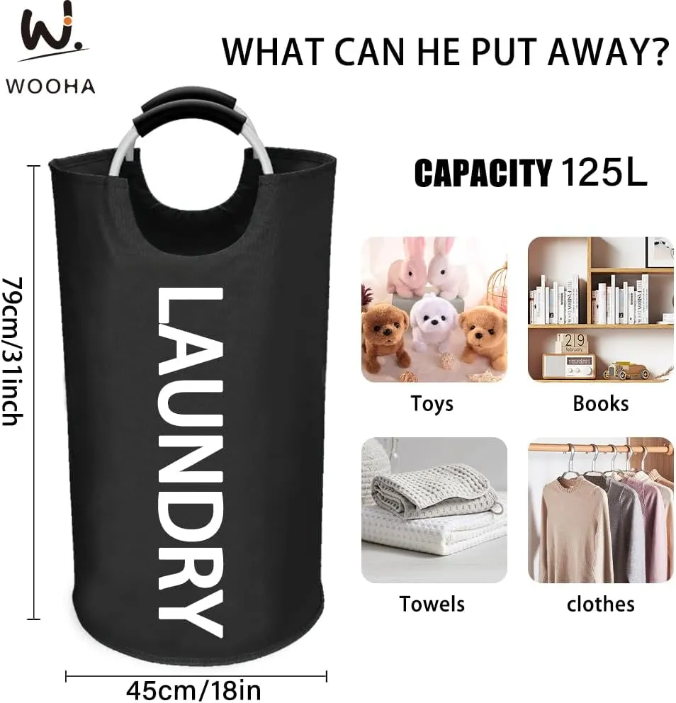 WOOHA 125L Large laundry basket,Collapsible laundry hamper, Tall Clothes Baskets Folding Washing Bin Foldable Fabric Hamper Bags for Bedroom, Closet,Bathroom,College,laundry bag,Black
