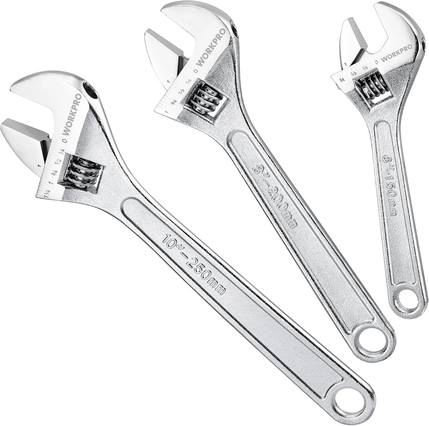 WORKPRO 3-Piece Adjustable Wrench Set, Forged Carbon Steel, Chrome-Plated, SAE & Metric Scale (6-inch, 8-inch, 10-inch)