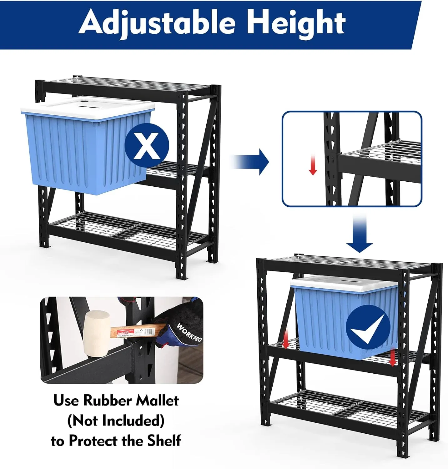 WORKPRO 3-Tier Garage Shelving Unit, Heavy Duty 5400 LBS Load Capacity, Metal Storage Rack, 50”W x 18”D x 47”H Height Adjustable, Industrial Shelving for Garage, Warehouse, Shop