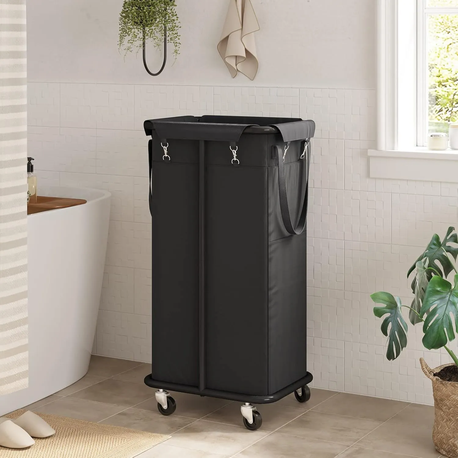WOWLIVE 100L Rolling Laundry Hamper with Wheels Large Laundry Basket Organizer Laundry Cart with Steel Frame and Removable Bag Foldable Tall Dirty Clothes Hamper Dorm Room Storage for Bedroom (Black)