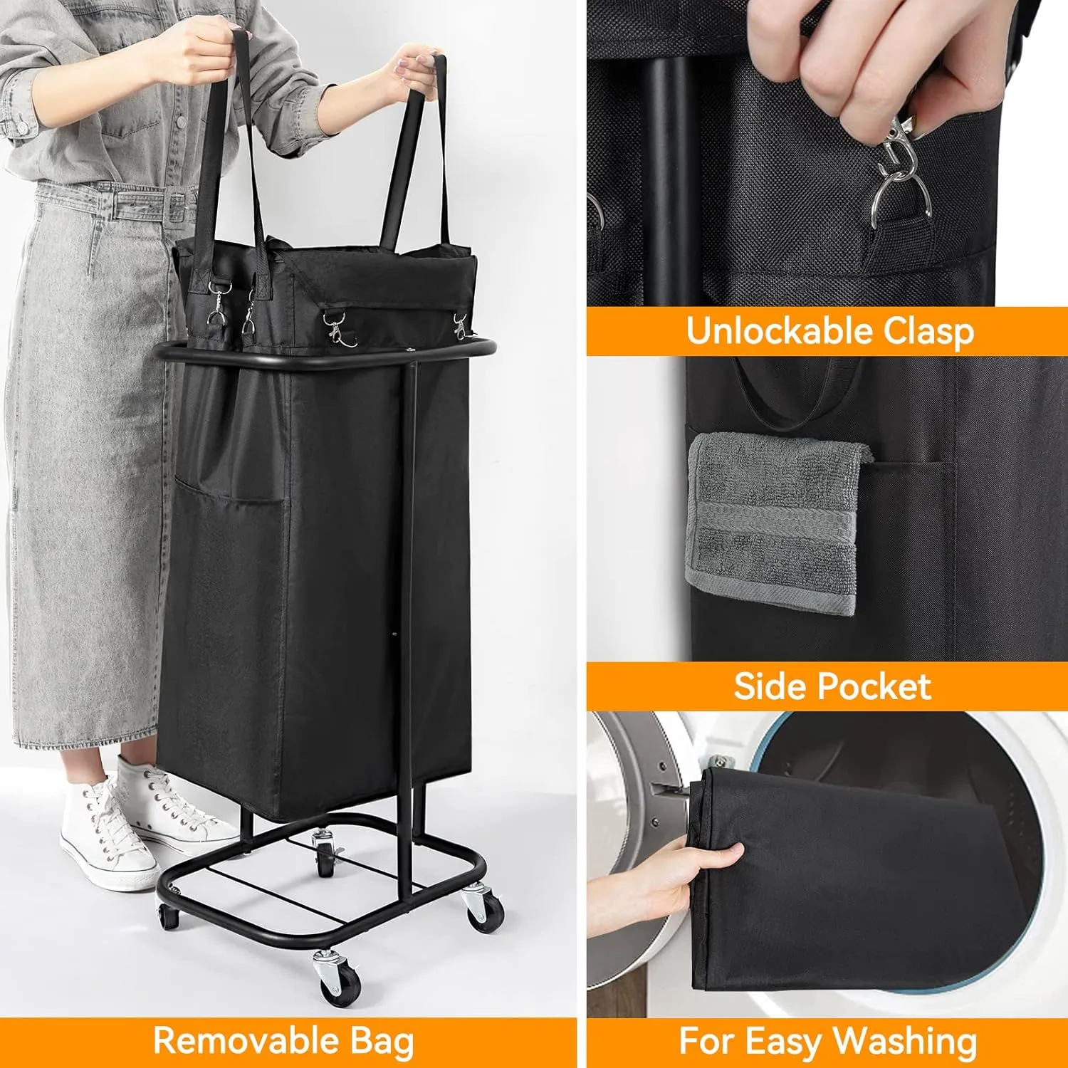WOWLIVE 100L Rolling Laundry Hamper with Wheels Large Laundry Basket Organizer Laundry Cart with Steel Frame and Removable Bag Foldable Tall Dirty Clothes Hamper Dorm Room Storage for Bedroom (Black)