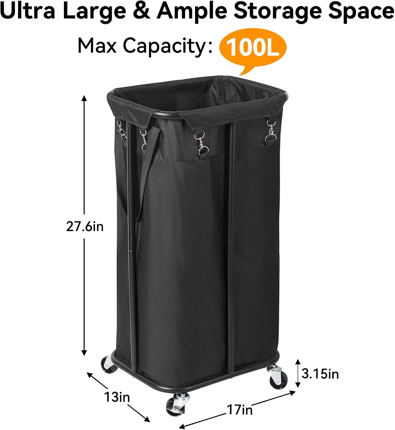 WOWLIVE 100L Rolling Laundry Hamper with Wheels Large Laundry Basket Organizer Laundry Cart with Steel Frame and Removable Bag Foldable Tall Dirty Clothes Hamper Dorm Room Storage for Bedroom (Black)