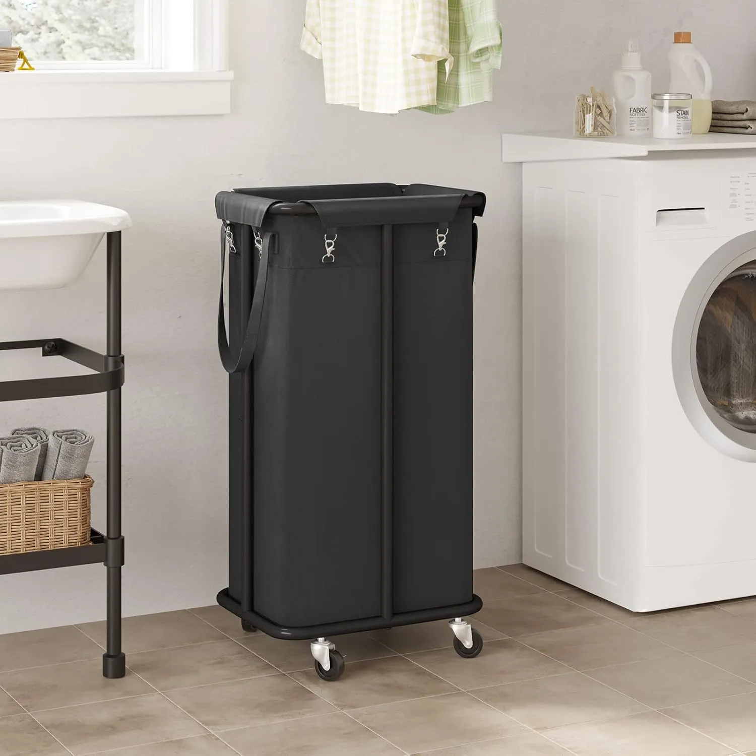 WOWLIVE 100L Rolling Laundry Hamper with Wheels Large Laundry Basket Organizer Laundry Cart with Steel Frame and Removable Bag Foldable Tall Dirty Clothes Hamper Dorm Room Storage for Bedroom (Black)
