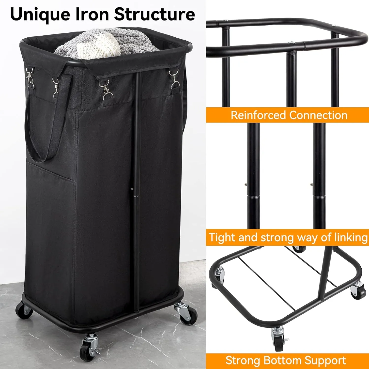 WOWLIVE 100L Rolling Laundry Hamper with Wheels Large Laundry Basket Organizer Laundry Cart with Steel Frame and Removable Bag Foldable Tall Dirty Clothes Hamper Dorm Room Storage for Bedroom (Black)