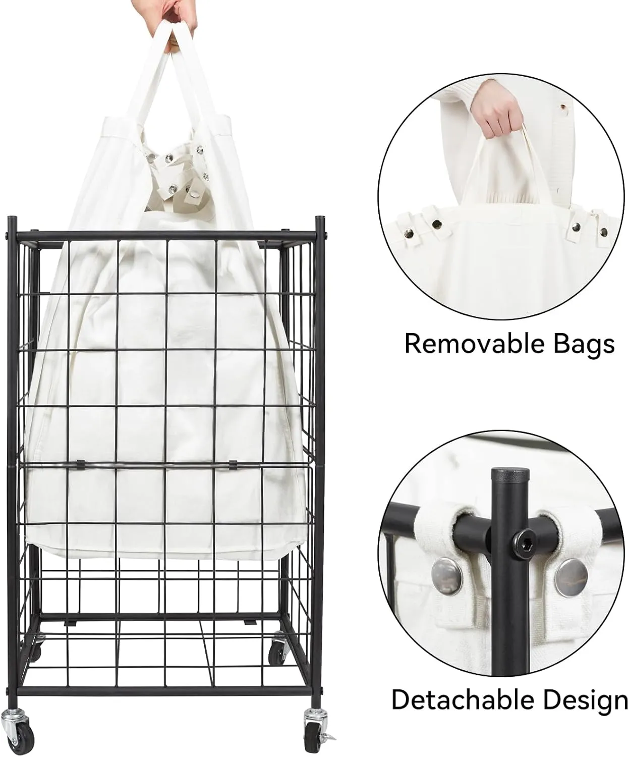 WOWLIVE Laundry Hamper with Wheels,Metal Wire Frame Rolling Laundry Basket with Removable bag,100L Dirty Clothes Hamper Organizer Dorm Room Storage for Bedroom,Bathroom,Black and White