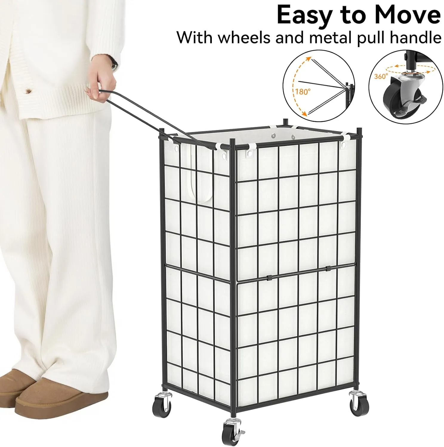 WOWLIVE Laundry Hamper with Wheels,Metal Wire Frame Rolling Laundry Basket with Removable bag,100L Dirty Clothes Hamper Organizer Dorm Room Storage for Bedroom,Bathroom,Black and White