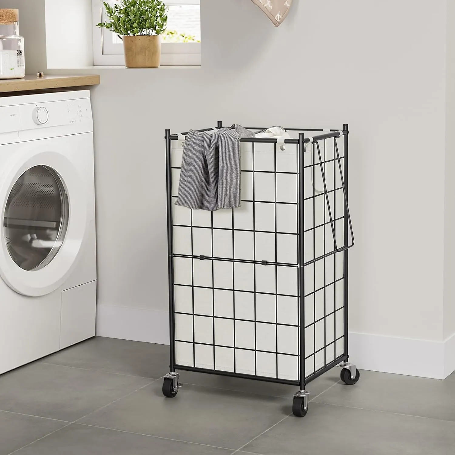 WOWLIVE Laundry Hamper with Wheels,Metal Wire Frame Rolling Laundry Basket with Removable bag,100L Dirty Clothes Hamper Organizer Dorm Room Storage for Bedroom,Bathroom,Black and White