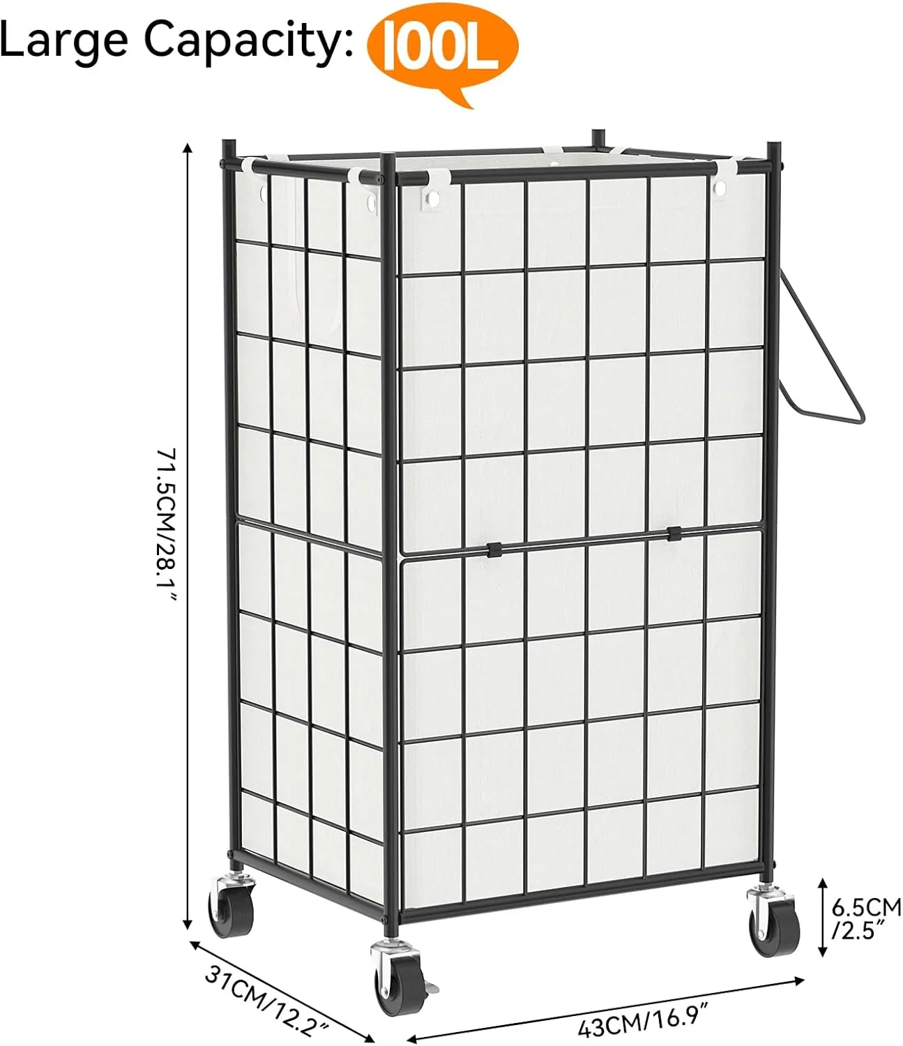 WOWLIVE Laundry Hamper with Wheels,Metal Wire Frame Rolling Laundry Basket with Removable bag,100L Dirty Clothes Hamper Organizer Dorm Room Storage for Bedroom,Bathroom,Black and White