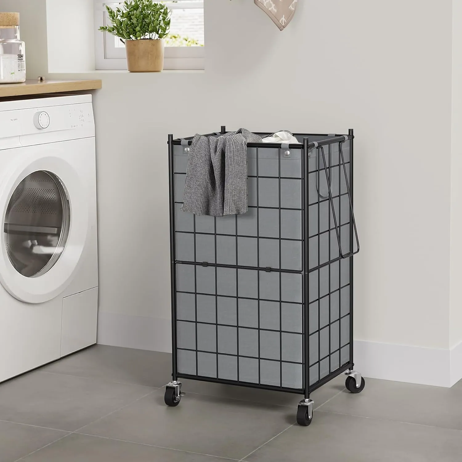WOWLIVE Laundry Hamper with Wheels,Metal Wire Frame Rolling Laundry Basket with Removable bag,100L Dirty Clothes Hamper Organizer Dorm Room Storage for Bedroom,Bathroom,Grey