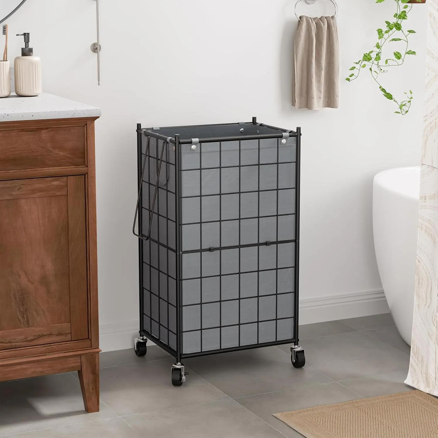WOWLIVE Laundry Hamper with Wheels,Metal Wire Frame Rolling Laundry Basket with Removable bag,100L Dirty Clothes Hamper Organizer Dorm Room Storage for Bedroom,Bathroom,Grey