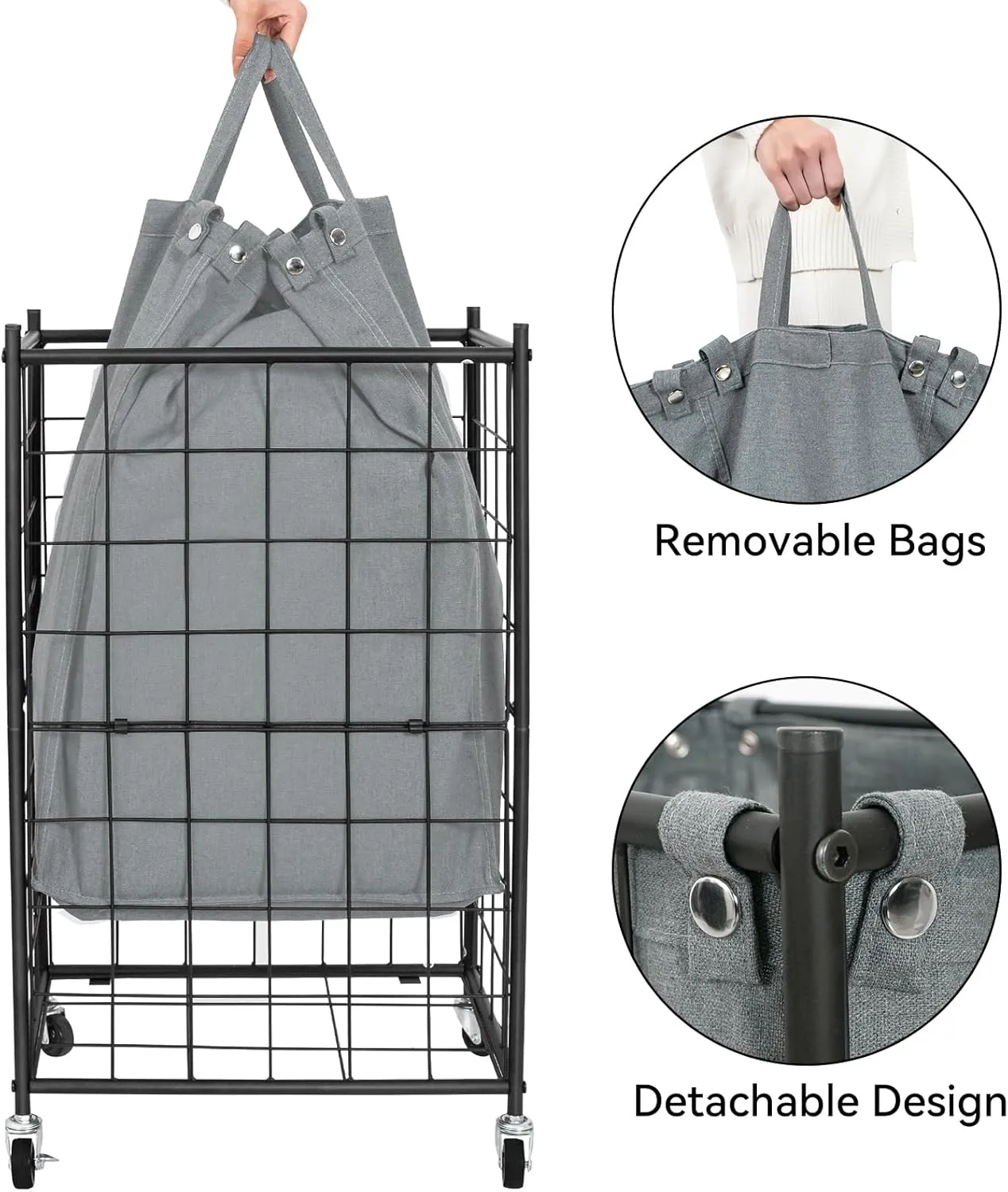 WOWLIVE Laundry Hamper with Wheels,Metal Wire Frame Rolling Laundry Basket with Removable bag,100L Dirty Clothes Hamper Organizer Dorm Room Storage for Bedroom,Bathroom,Grey