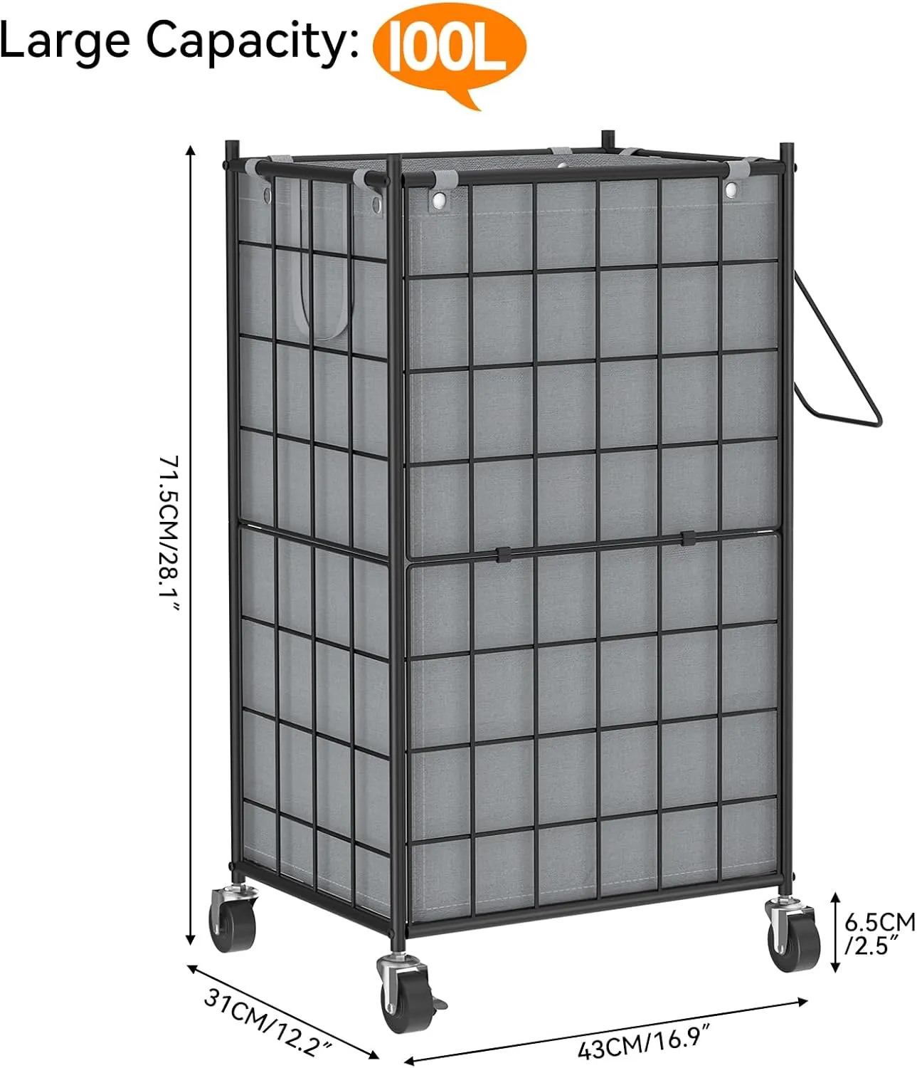 WOWLIVE Laundry Hamper with Wheels,Metal Wire Frame Rolling Laundry Basket with Removable bag,100L Dirty Clothes Hamper Organizer Dorm Room Storage for Bedroom,Bathroom,Grey