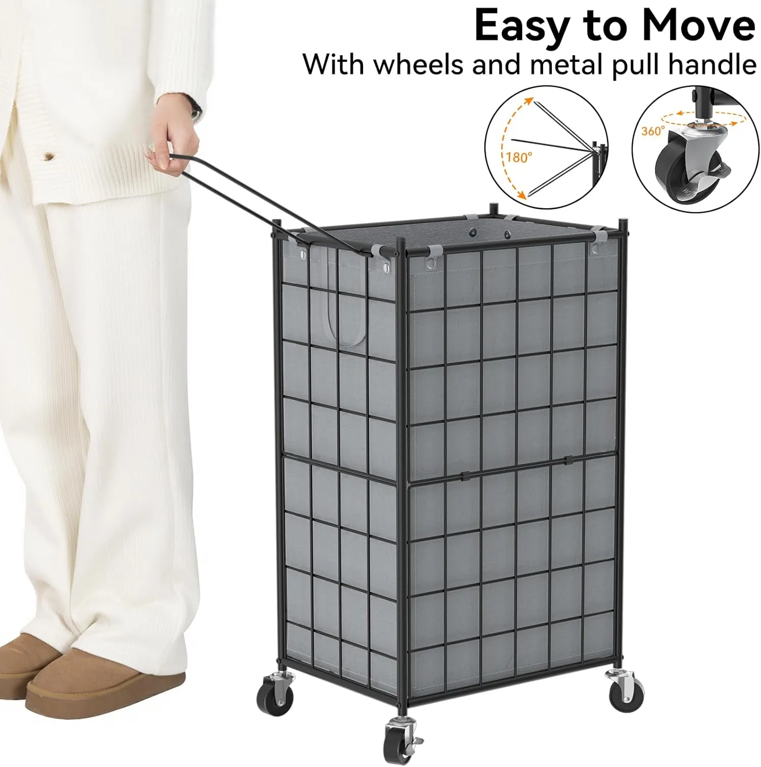 WOWLIVE Laundry Hamper with Wheels,Metal Wire Frame Rolling Laundry Basket with Removable bag,100L Dirty Clothes Hamper Organizer Dorm Room Storage for Bedroom,Bathroom,Grey