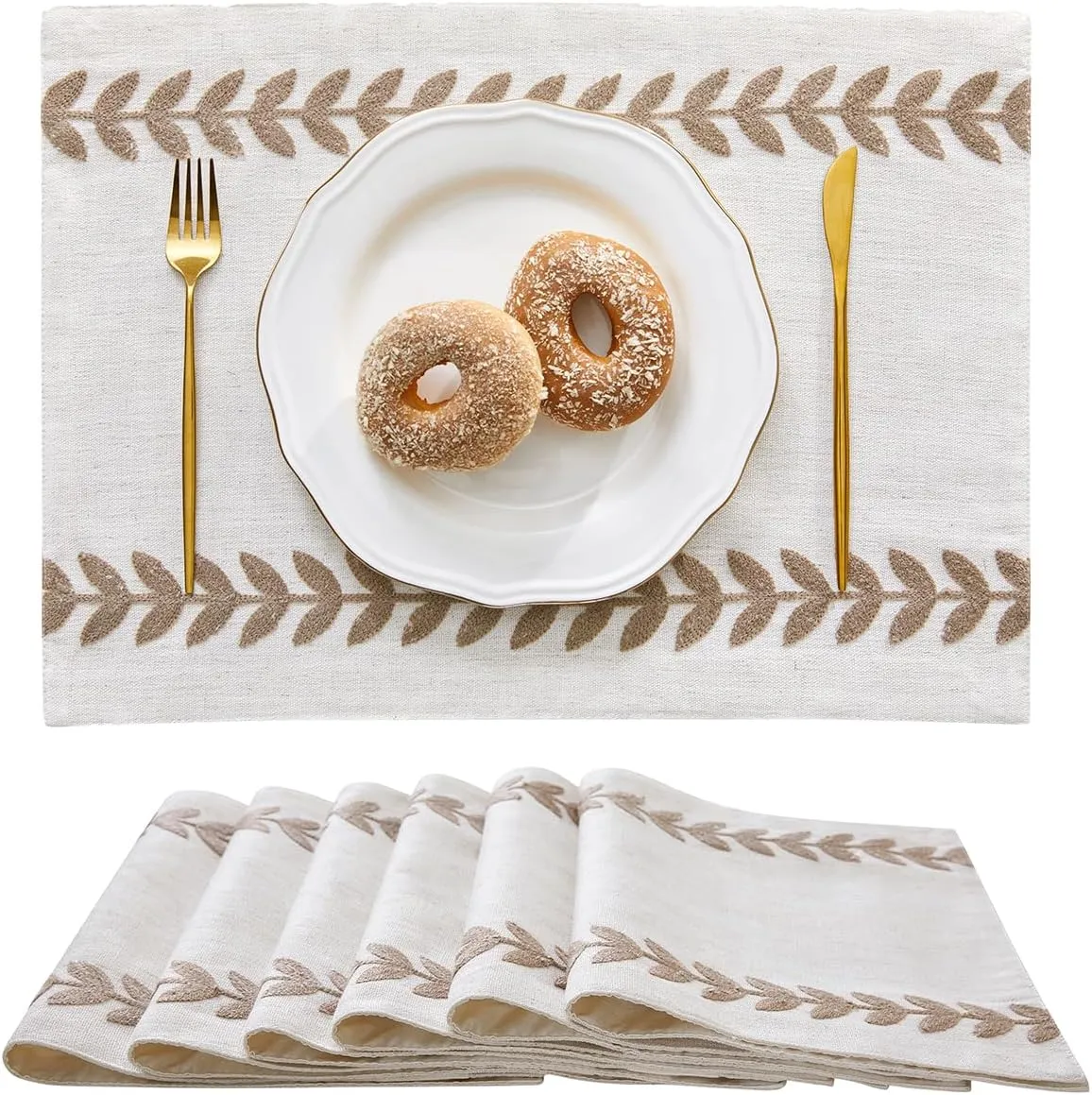 Wracra Embroidered Placemats, 13 x 18 Inch Set of 6 Placemats, Irregular Willow Rustic Place Mats for Kitchen Table and Heat Resistant, Taupe 6PCS