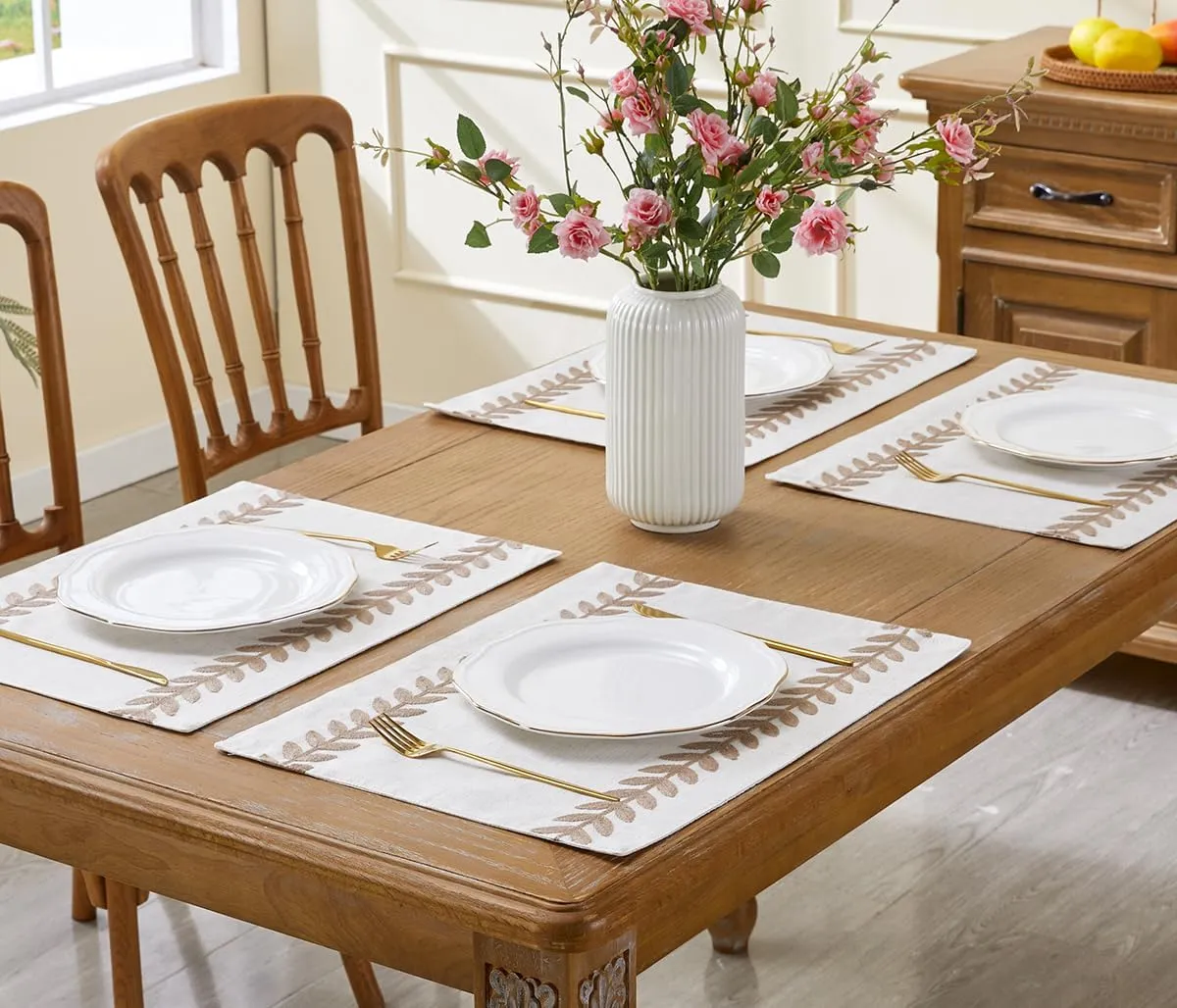Wracra Embroidered Placemats, 13 x 18 Inch Set of 6 Placemats, Irregular Willow Rustic Place Mats for Kitchen Table and Heat Resistant, Taupe 6PCS