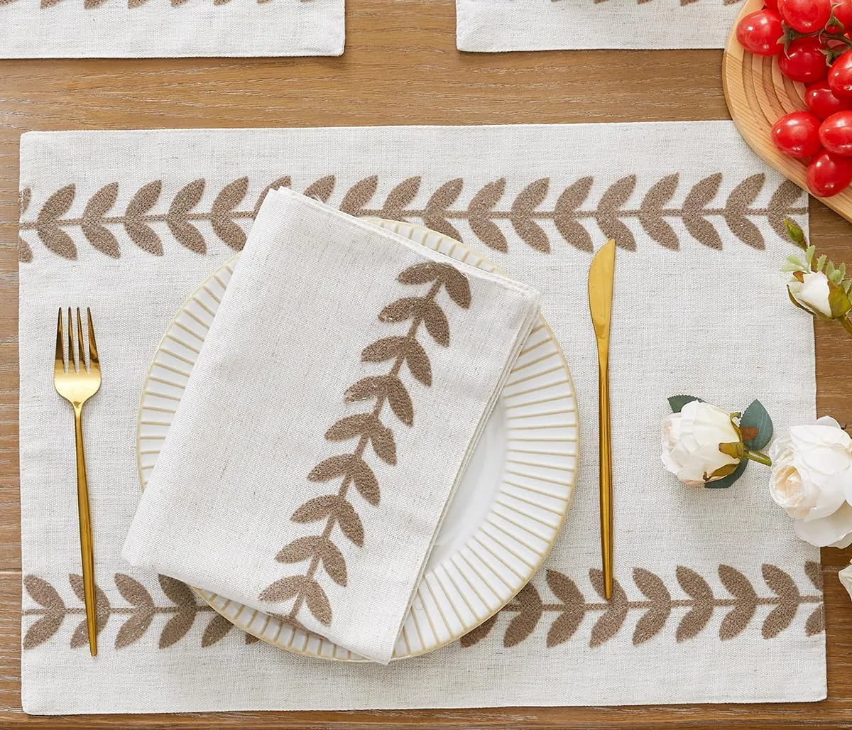 Wracra Embroidered Placemats, 13 x 18 Inch Set of 6 Placemats, Irregular Willow Rustic Place Mats for Kitchen Table and Heat Resistant, Taupe 6PCS
