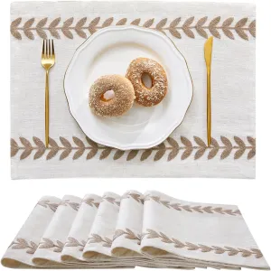 Wracra Embroidered Placemats, 13 x 18 Inch Set of 6 Placemats, Irregular Willow Rustic Place Mats for Kitchen Table and Heat Resistant, Taupe 6PCS