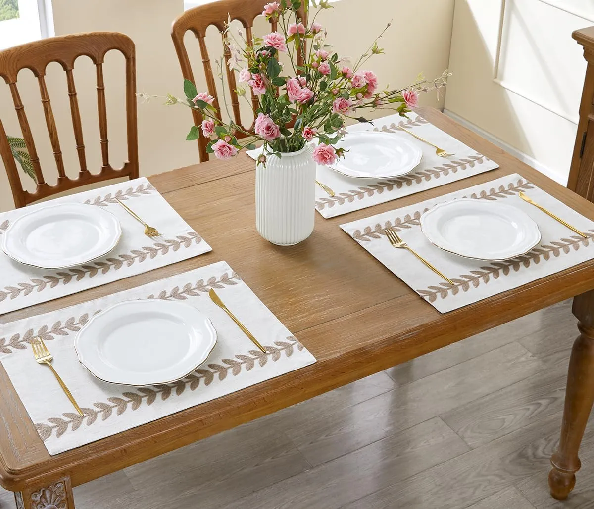Wracra Embroidered Placemats, 13 x 18 Inch Set of 6 Placemats, Irregular Willow Rustic Place Mats for Kitchen Table and Heat Resistant, Taupe 6PCS