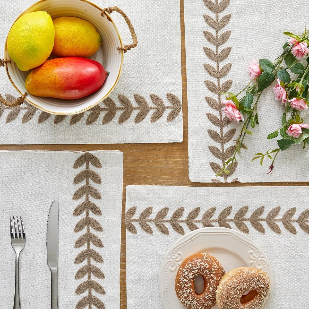 Wracra Embroidered Placemats, 13 x 18 Inch Set of 6 Placemats, Irregular Willow Rustic Place Mats for Kitchen Table and Heat Resistant, Taupe 6PCS