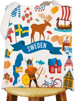 WZMPA Sweden Travel Tote Bag Stockholm Trip Gift Swedish National Animal Elk Reusable Grocery Bag Sweden Tour Merchandise