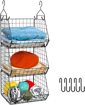 X-cosrack 3 Tier Foldable Closet Organizer, Clothes Shelves with 5 S Hooks, Cabinet Wire Storage Basket Bins, for Clothing Sweaters Shoes Handbags Clutches Accessories Patent Design