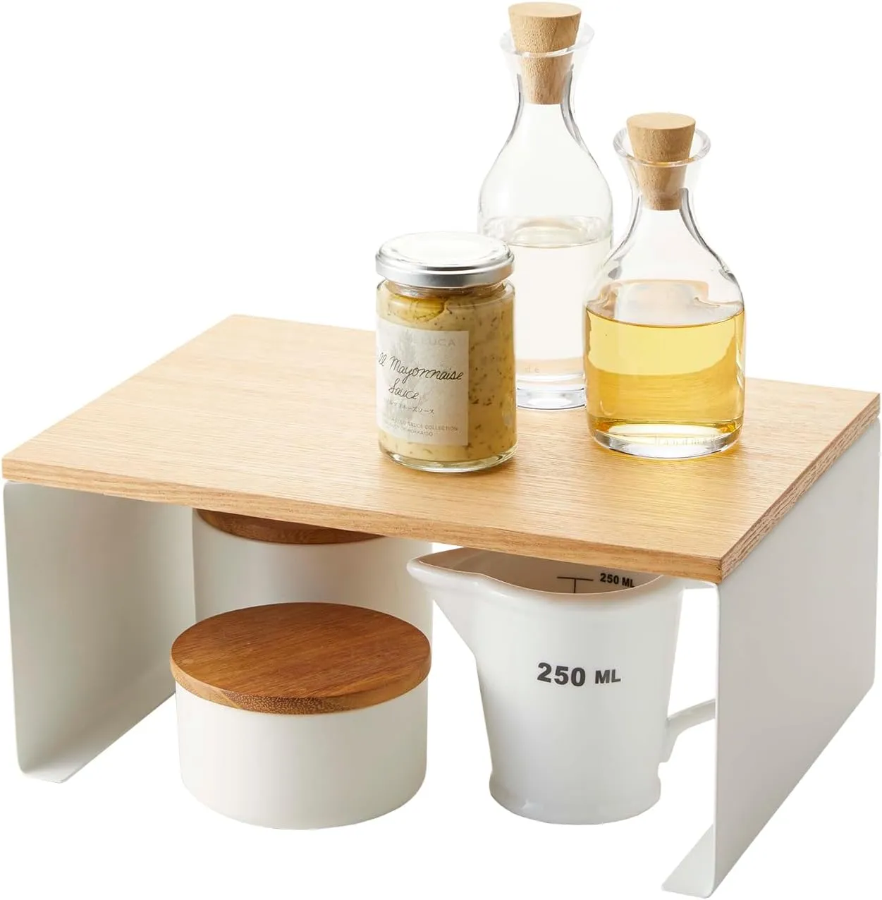 Yamazaki Home Wood-Top Stackable Kitchen Rack - Modern Counter Shelf Organizer Steel   WoodLargeWhite