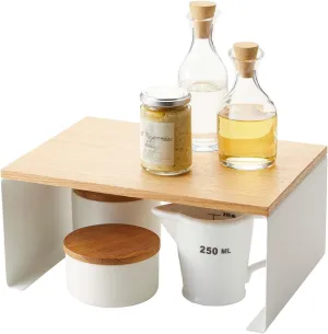 Yamazaki Home Wood-Top Stackable Kitchen Rack - Modern Counter Shelf Organizer Steel   WoodLargeWhite