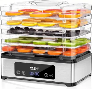 YASHE Food Dehydrator Machine, 5 Stainless Steel Trays Food Dryer, 48H Timer and Temperature Control, Recipes Book Included, 420W Dehydrators for Food and Jerky, Herbs, Meat, Fruit, Dog Treats