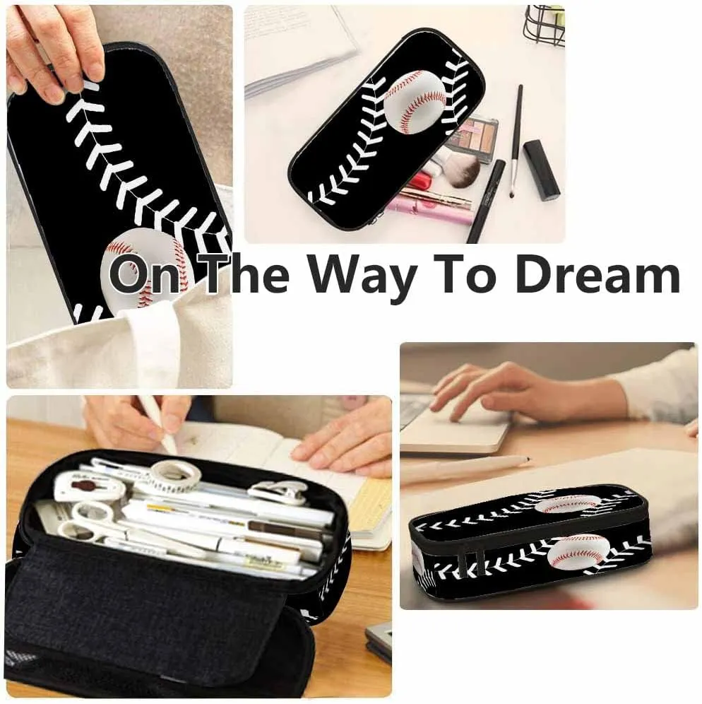Yekiua Baseball Pencil Case Organizer Ball Sport College Office Big Capacity Pencil Bag Black White