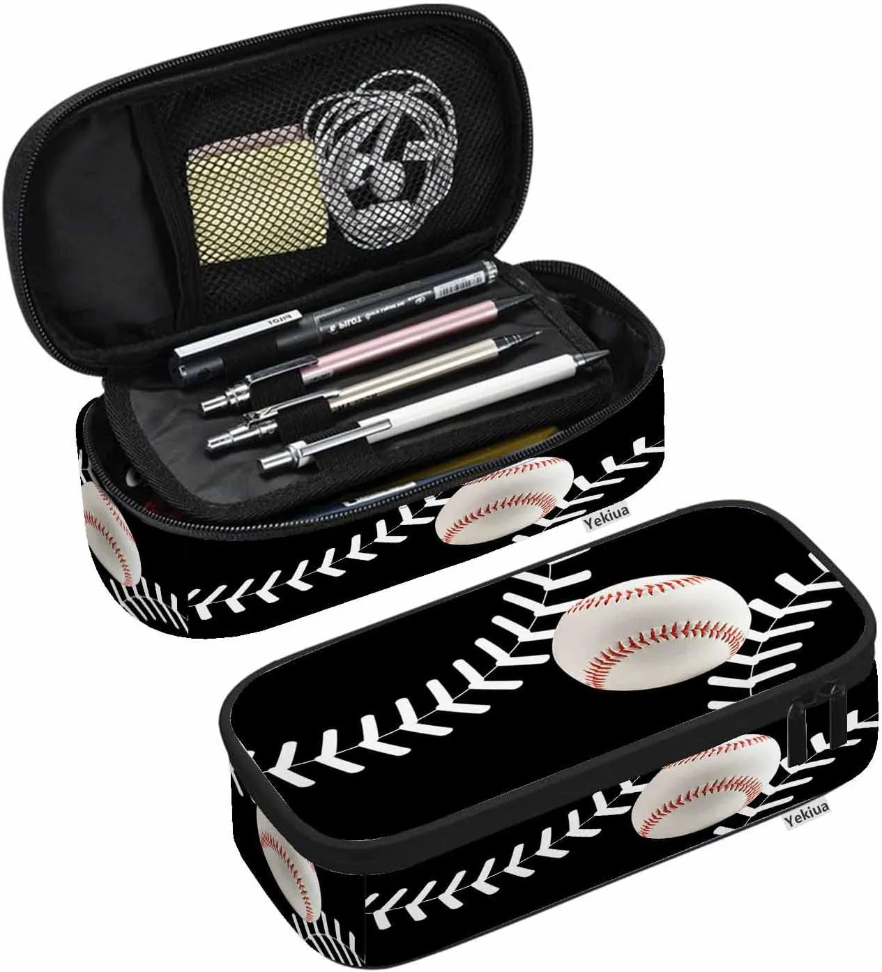 Yekiua Baseball Pencil Case Organizer Ball Sport College Office Big Capacity Pencil Bag Black White