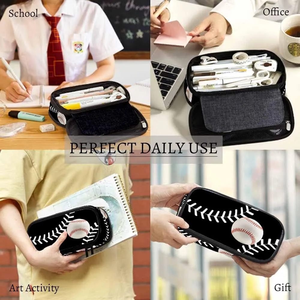 Yekiua Baseball Pencil Case Organizer Ball Sport College Office Big Capacity Pencil Bag Black White