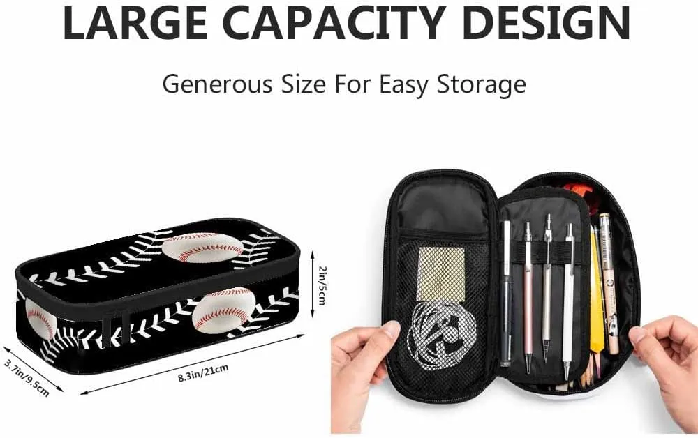 Yekiua Baseball Pencil Case Organizer Ball Sport College Office Big Capacity Pencil Bag Black White