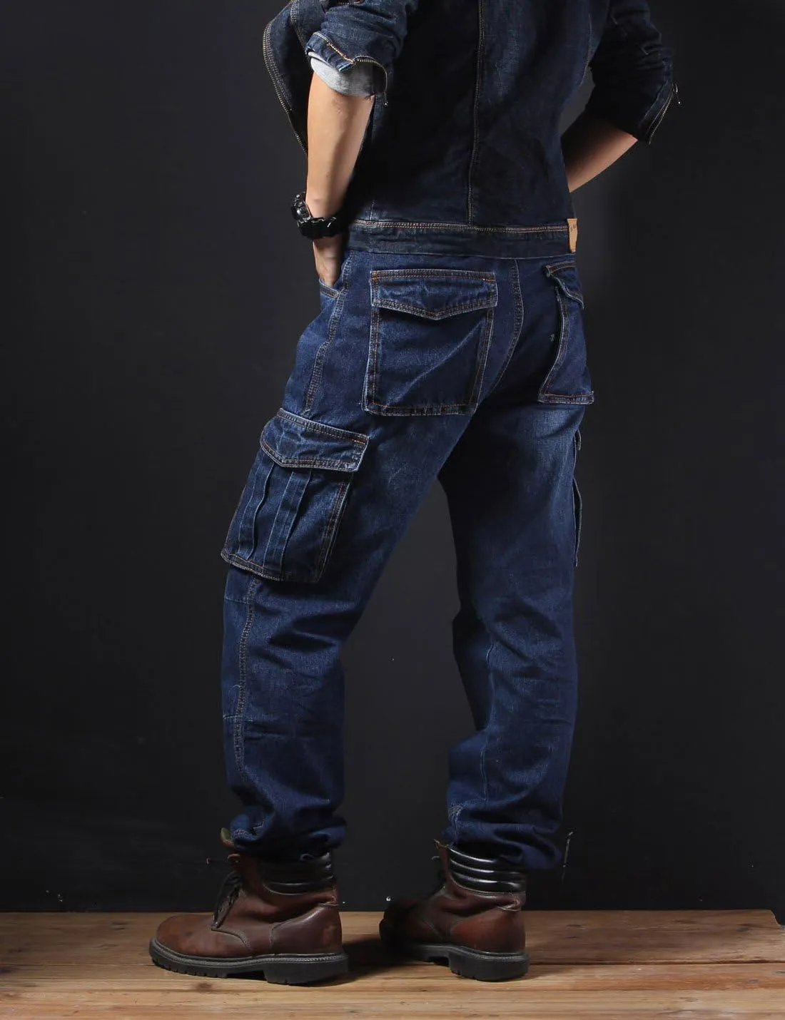 Yeokou Men's Casual Loose Hip Hop Denim Work Pants Jeans with Cargo Pockets
