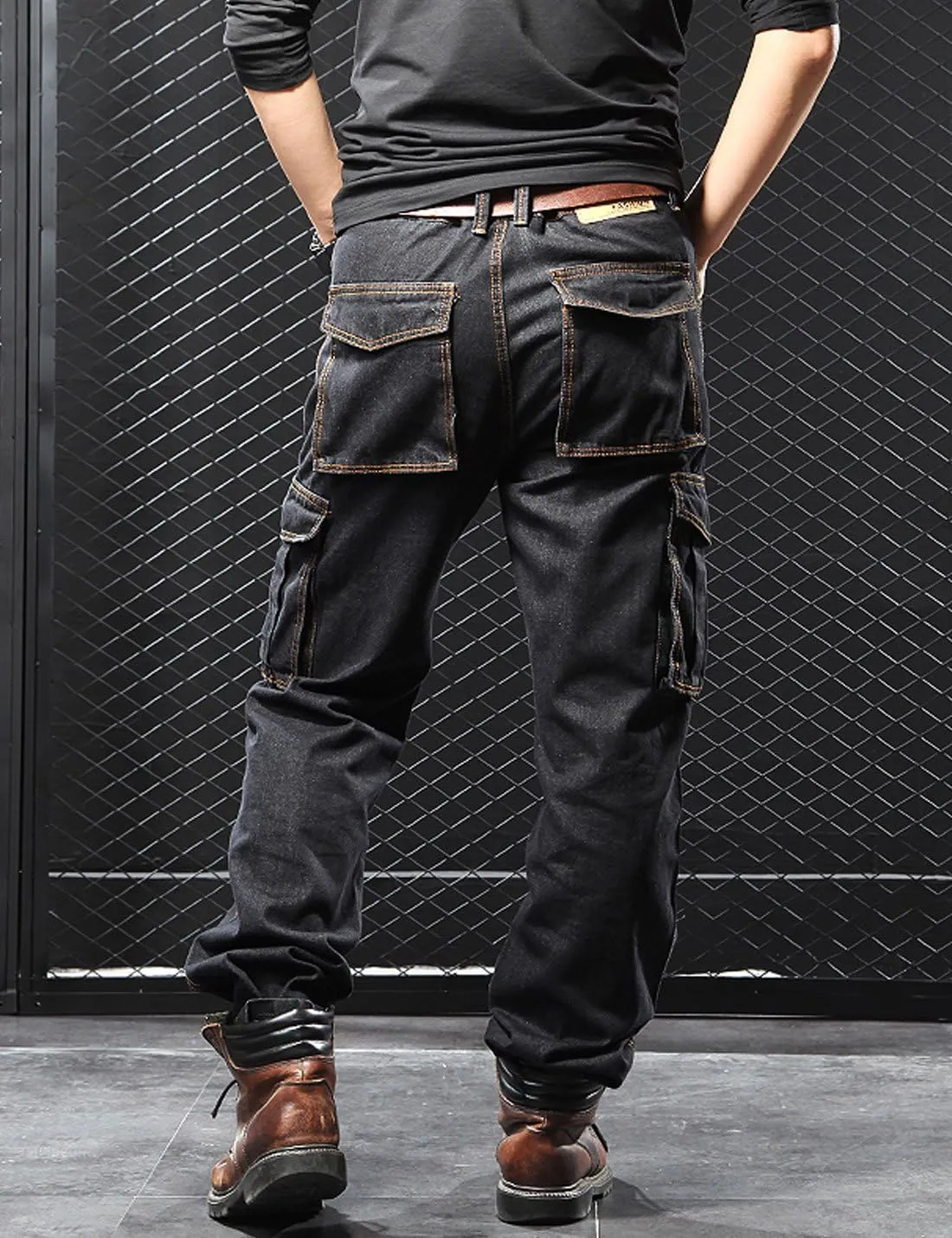 Yeokou Men's Casual Loose Hip Hop Denim Work Pants Jeans with Cargo Pockets
