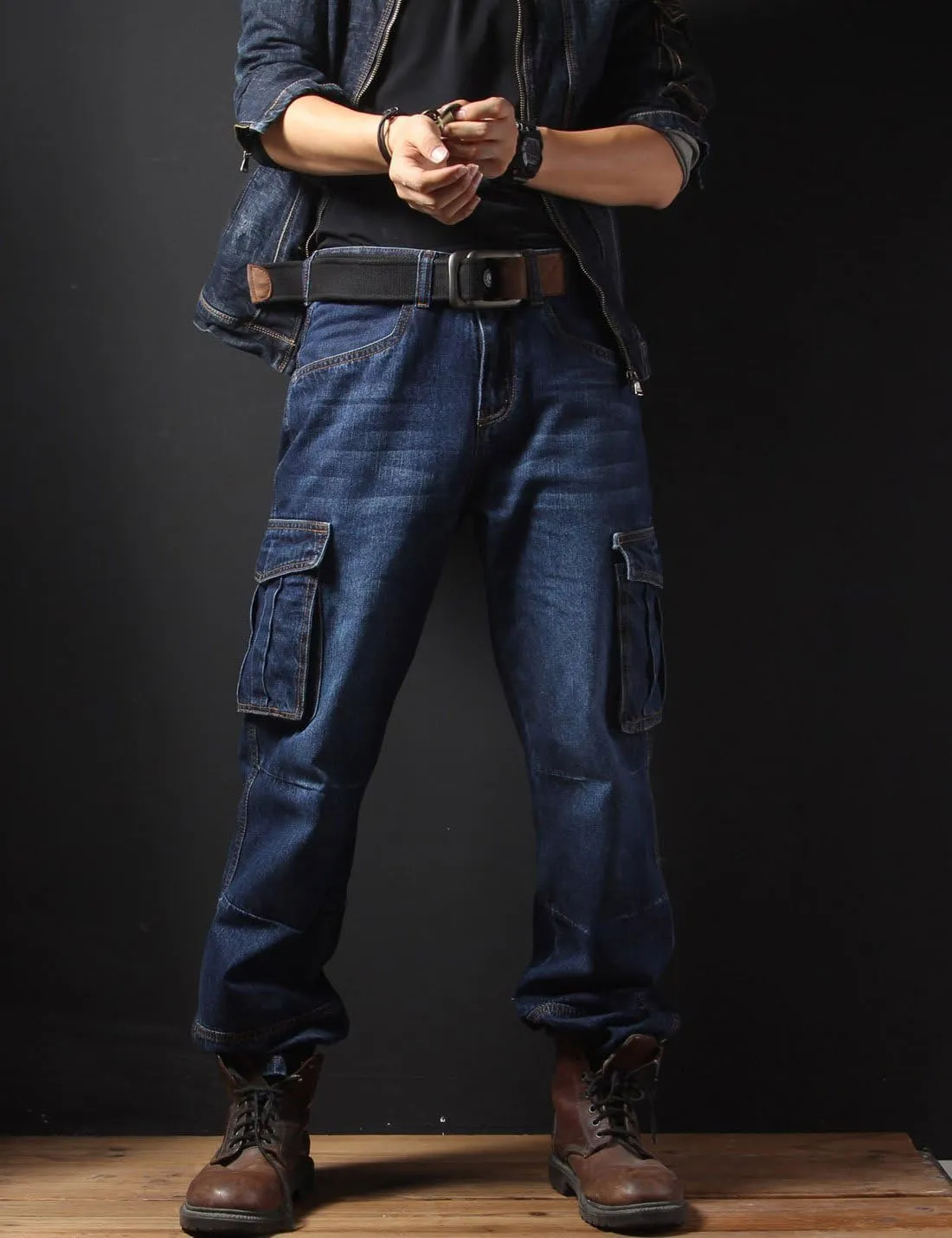 Yeokou Men's Casual Loose Hip Hop Denim Work Pants Jeans with Cargo Pockets