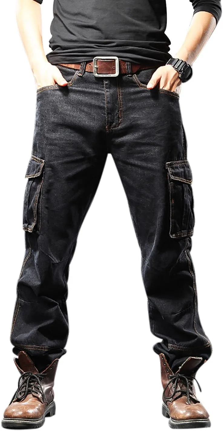 Yeokou Men's Casual Loose Hip Hop Denim Work Pants Jeans with Cargo Pockets