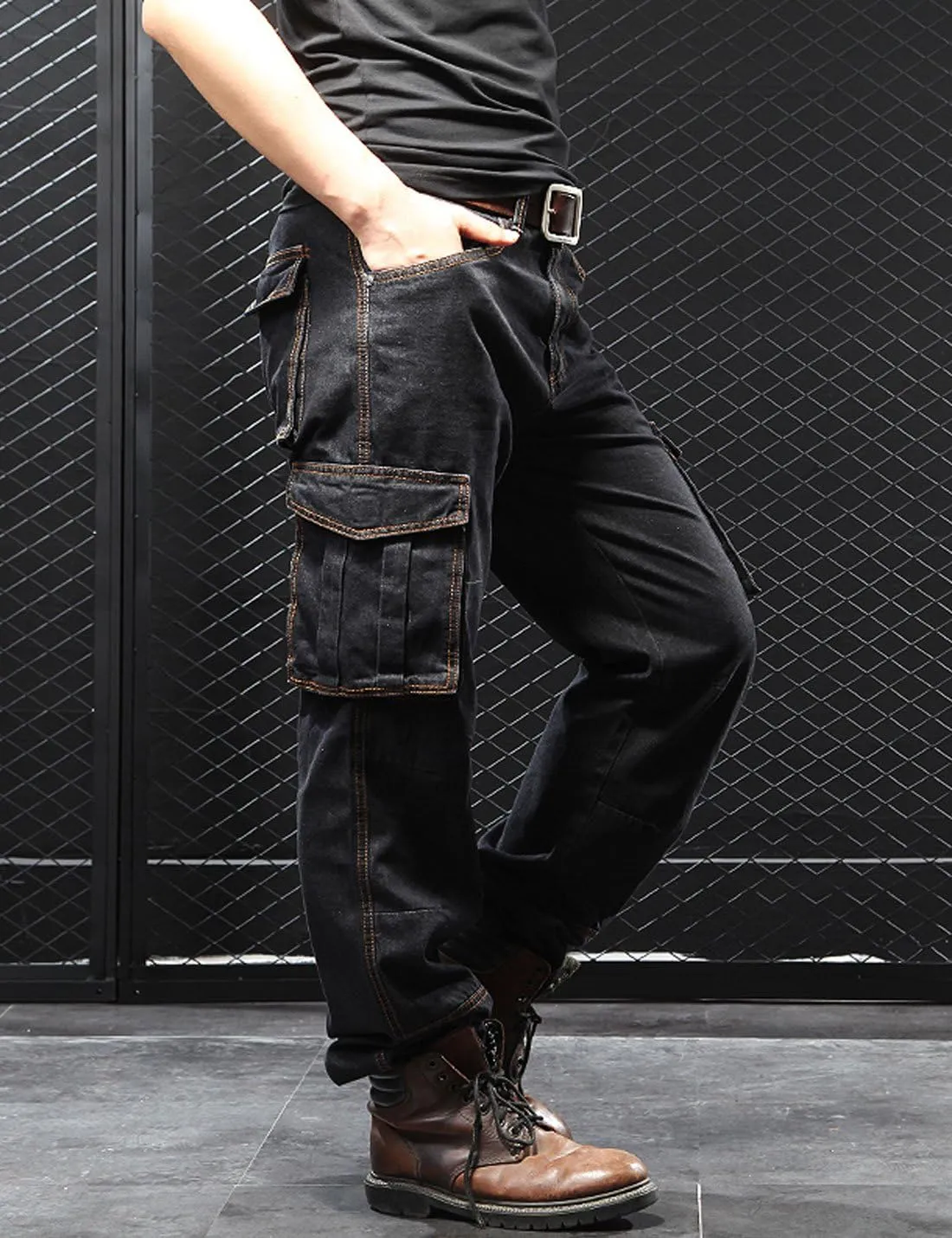 Yeokou Men's Casual Loose Hip Hop Denim Work Pants Jeans with Cargo Pockets