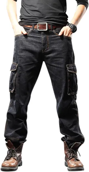 Yeokou Men's Casual Loose Hip Hop Denim Work Pants Jeans with Cargo Pockets