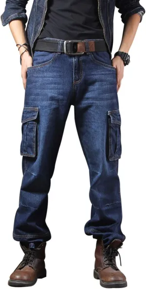 Yeokou Men's Casual Loose Hip Hop Denim Work Pants Jeans with Cargo Pockets