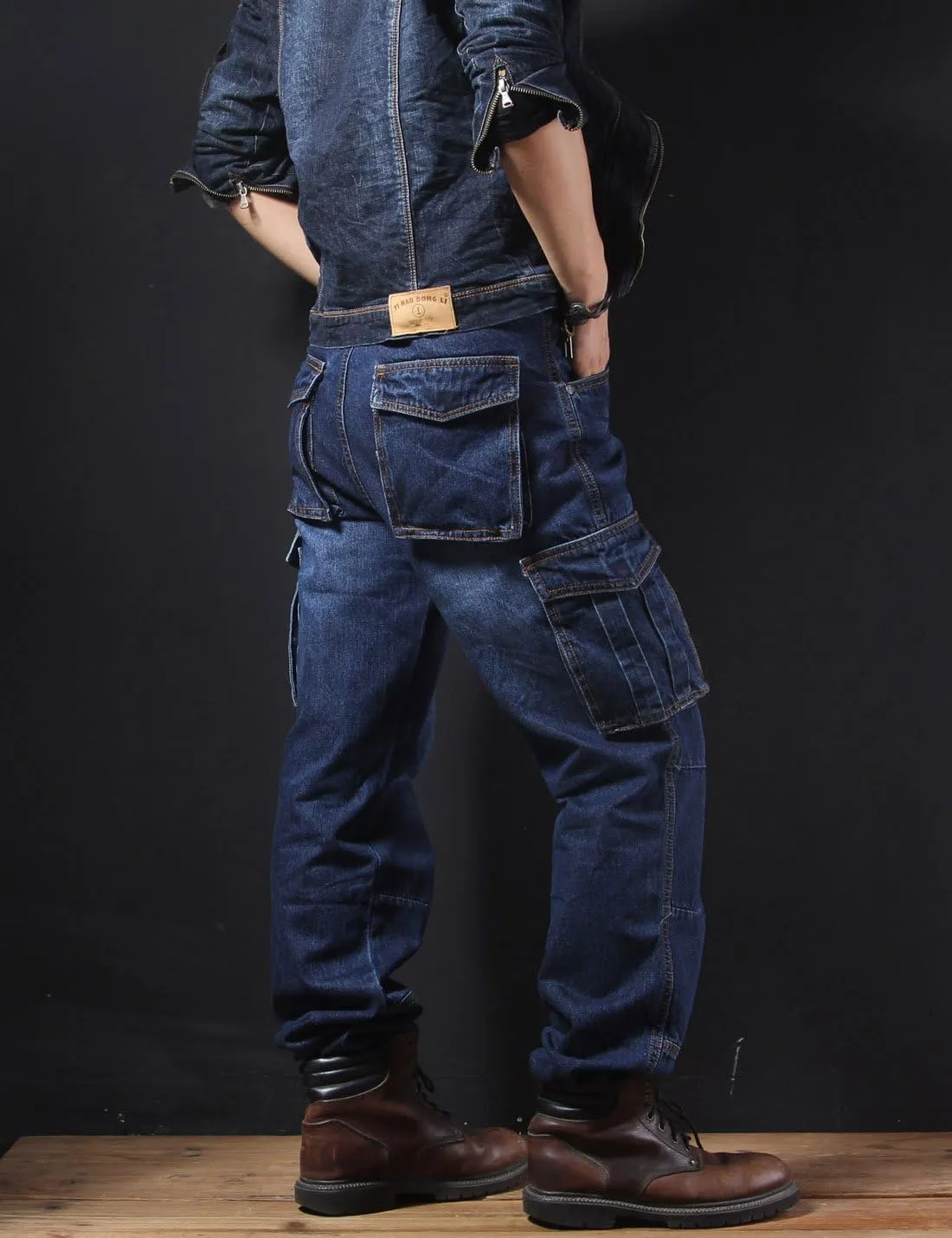 Yeokou Men's Casual Loose Hip Hop Denim Work Pants Jeans with Cargo Pockets