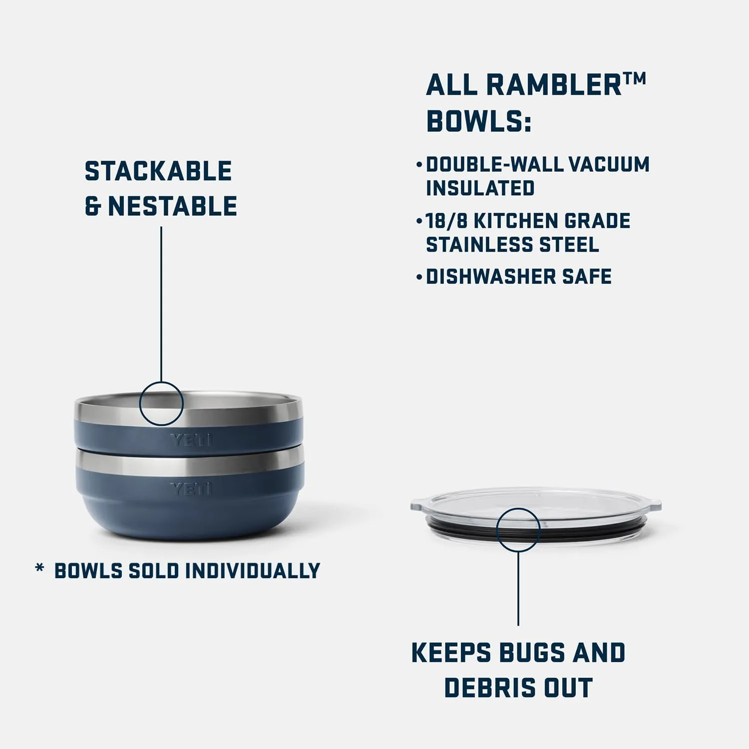 YETI Rambler Low Bowls, Vacuum Insulated, Stackable and Nestable Stainless Steel Bowl with Lid, 0.7 Quart, Navy