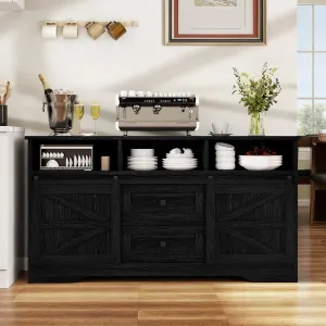 YITAHOME 59" Large Buffet Sideboard Cabinet, Farmhouse Kitchen Cabinet with 2 Sliding Doors & 2 Drawers for Kitchen, Living Room Storage (Black)