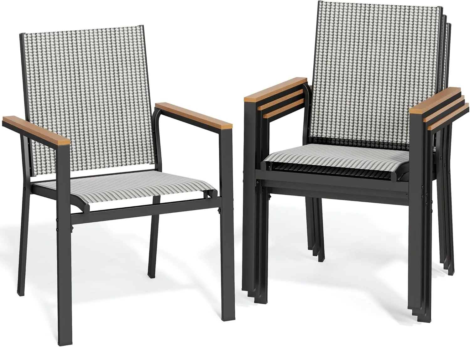 YITAHOME Set of 4 Stackable Patio Chairs, Outdoor All-Weather Conversation Breathable Textilene Mix Olefin Dining Chair, Plastic- Wood Armrest, Black and White Checkered