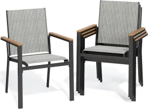 YITAHOME Set of 4 Stackable Patio Chairs, Outdoor All-Weather Conversation Breathable Textilene Mix Olefin Dining Chair, Plastic- Wood Armrest, Black and White Checkered