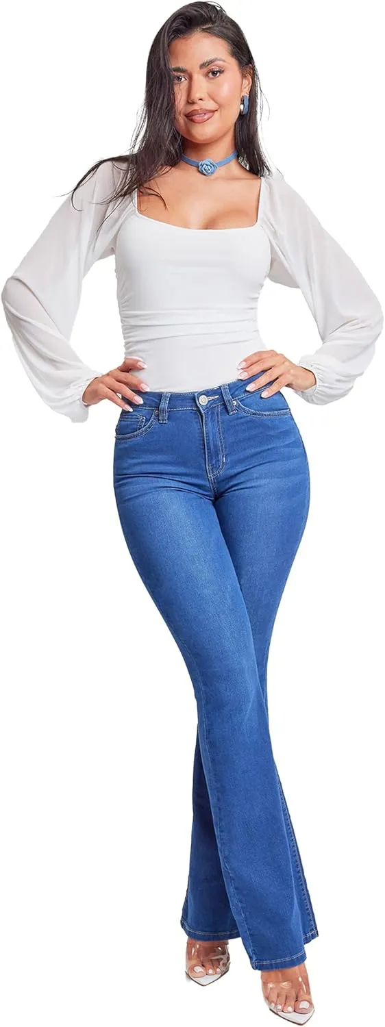YMI Women's Tall Size Hyper Denim Basic 5 Pkt 1 Btn Hr Flare Long Inseam