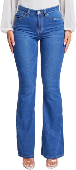 YMI Women's Tall Size Hyper Denim Basic 5 Pkt 1 Btn Hr Flare Long Inseam