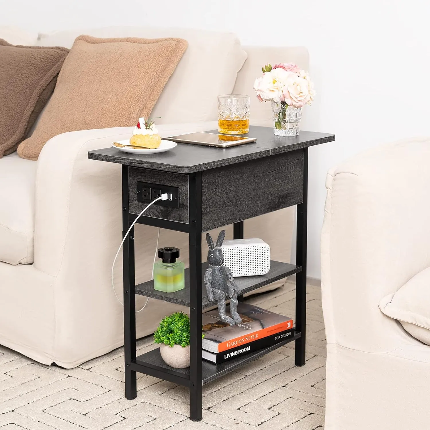 Yoobure End Table with Charging Station, Flip Top Side Table with USB Ports and Outlets, Sofa Couch Table Bedside Table for Living Room Bedroom, Narrow Nightstand with Storage Shelves for Small Space